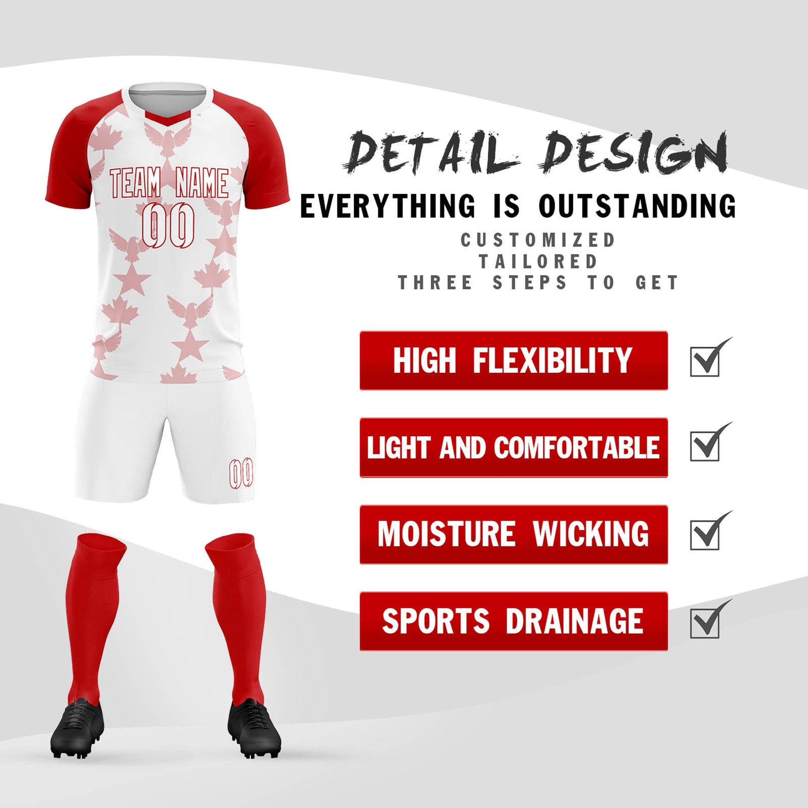 Custom Red White World Cup Inspired Breathable&Quick-Drying Training Uniform Raglan Sleeve Soccer Sets Jersey