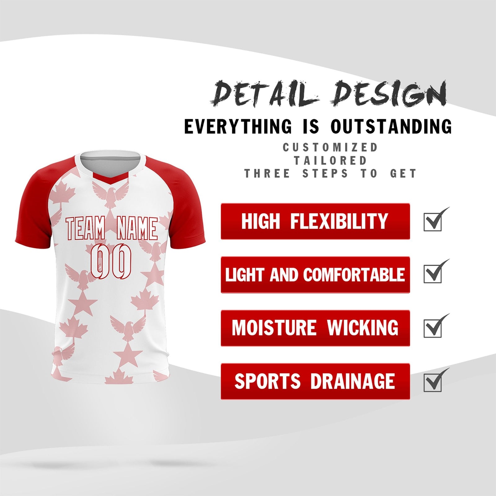 Custom Red White World Cup Inspired Breathable&Quick-Drying Training Uniform Raglan Sleeve Soccer Sets Jersey