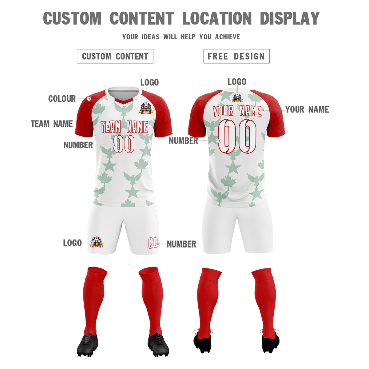 Custom Red White World Cup Inspired Lightweight&Drapable Training Uniform Raglan Sleeve Soccer Sets Jersey