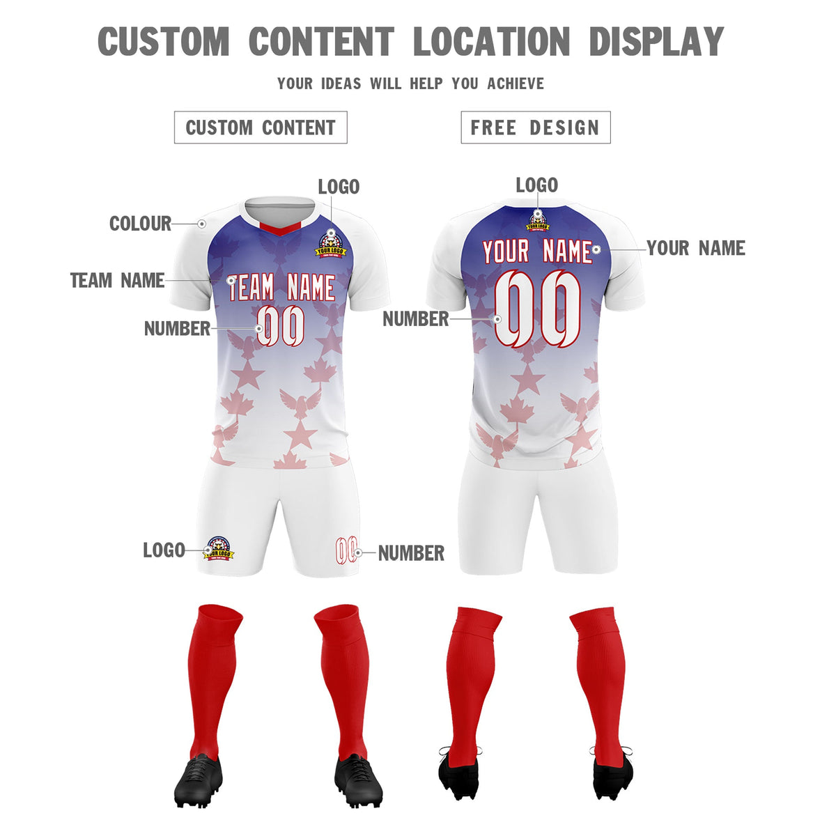 Custom White Royal World Cup Inspired Lightweight&Drapable Training Uniform Gradient Fashion Soccer Sets Jersey