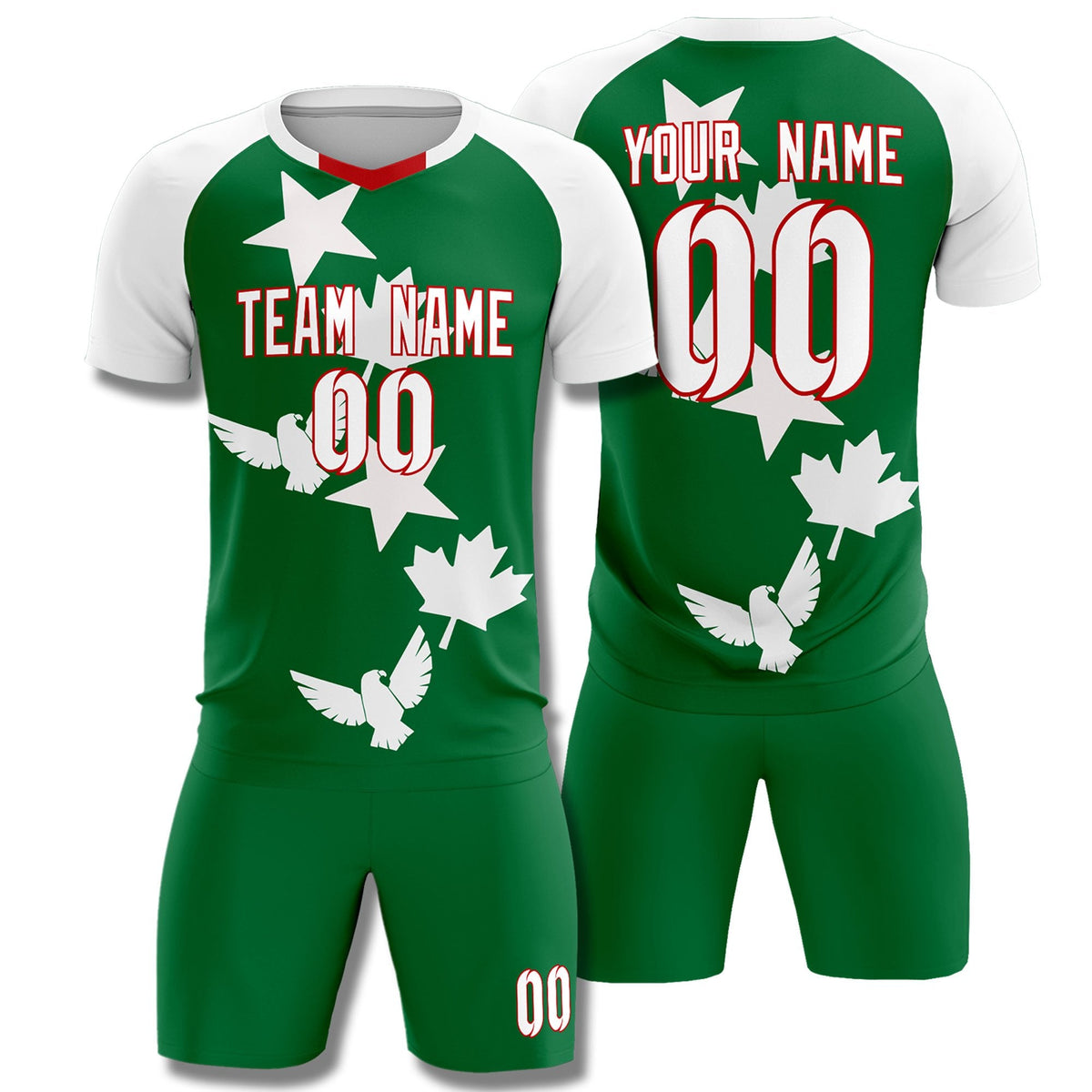 Custom White Kelly Green World Cup Inspired Wrinkle-Resistant Training Uniform Raglan Sleeve Soccer Sets Jersey