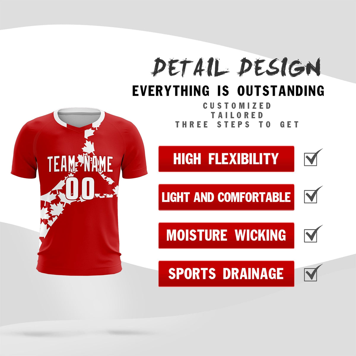 Custom Red White Canada Maple Leaves World Cup Inspired Breathable Graffiti Pattern Soccer Sets Jersey