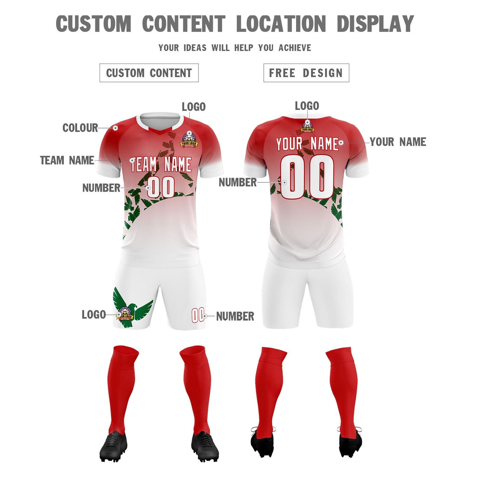 Custom Red Kelly Green Mexico Eagle World Cup Inspired Breathable Gradient Fashion Soccer Sets Jersey