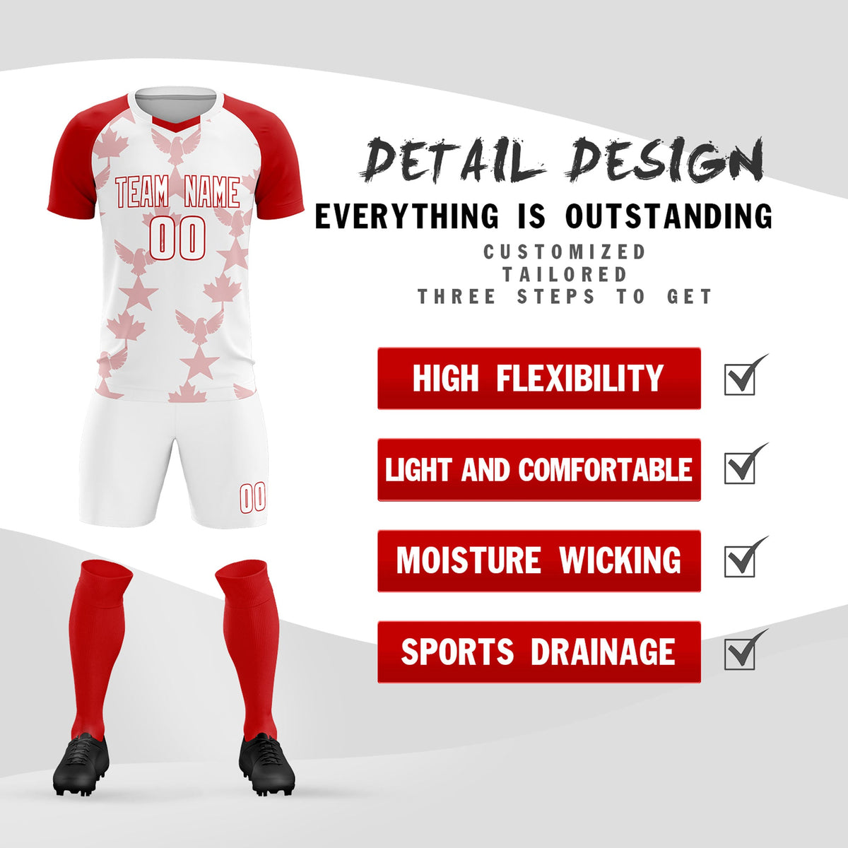Custom Red White World Cup Inspired Breathable&Quick-Drying Training Uniform Raglan Sleeve Soccer Sets Jersey
