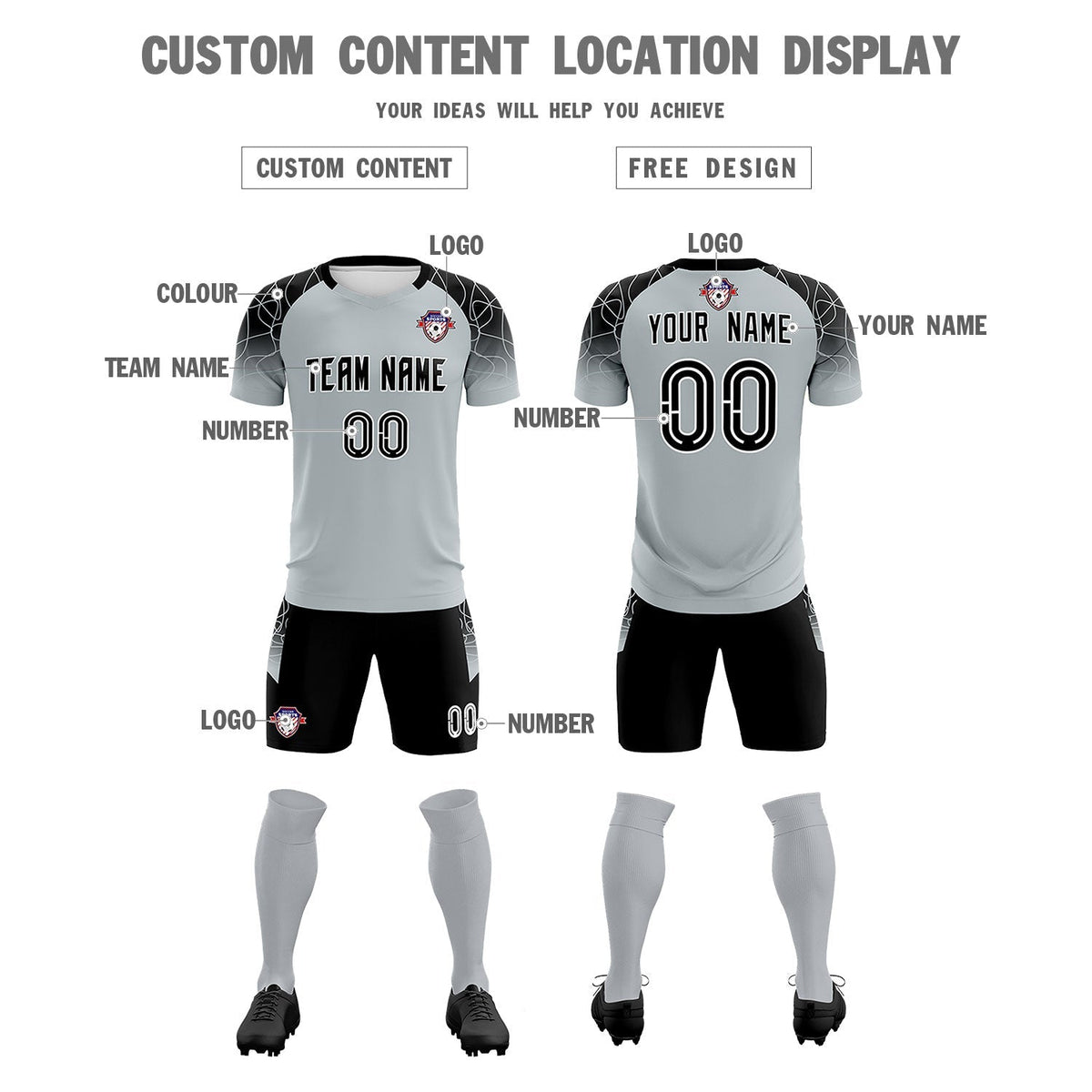 Custom Silver Classic Soccer Training Sets Jersey For Adults/Kids