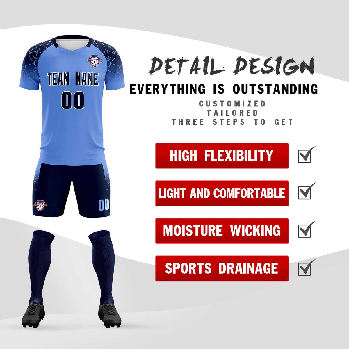 Custom Light Blue Classic Soccer Training Sets Jersey For Adults/Kids