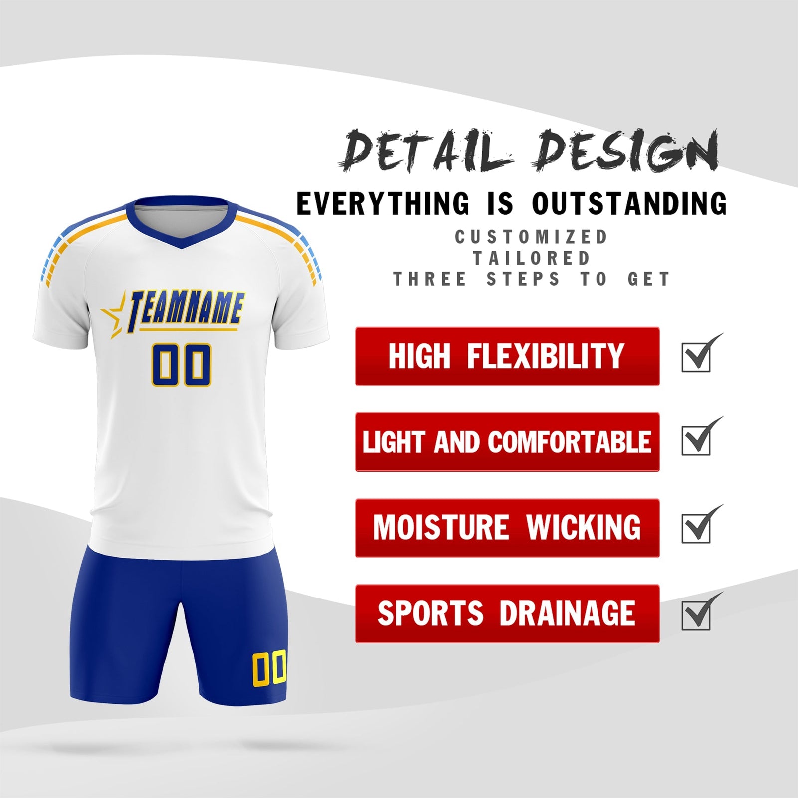 Custom White Raglan Shoulder Striped Soccer Tops/Sets Jersey