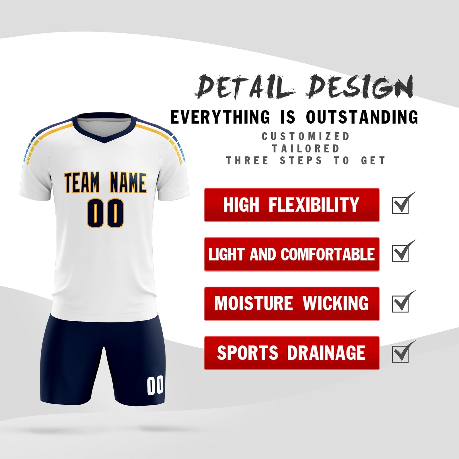 Custom White Raglan Shoulder Striped Soccer Tops/Sets Jersey