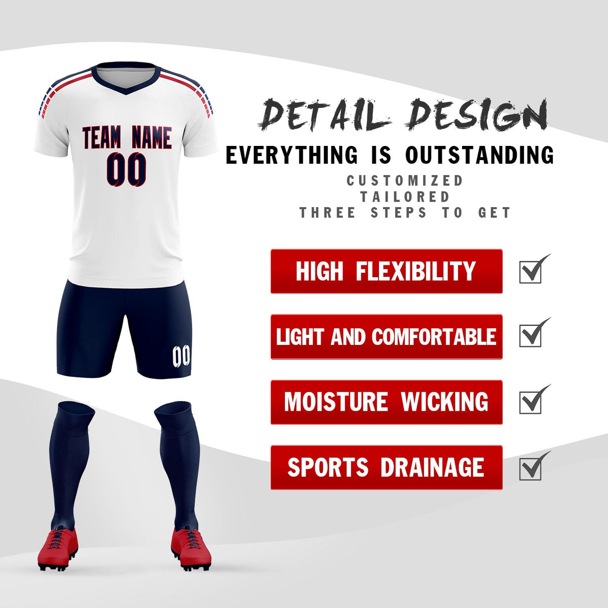 Custom white Striped Quick Dry Tops Soccer Sets Jersey