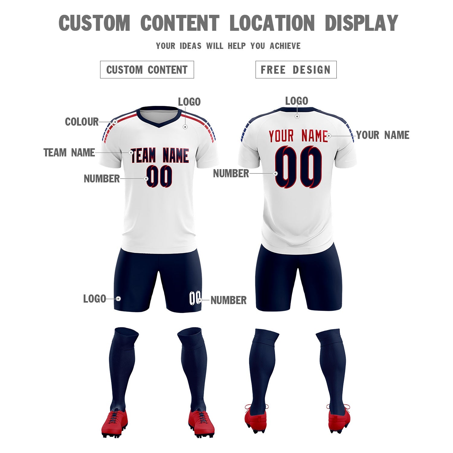 Custom white Striped Quick Dry Tops Soccer Sets Jersey