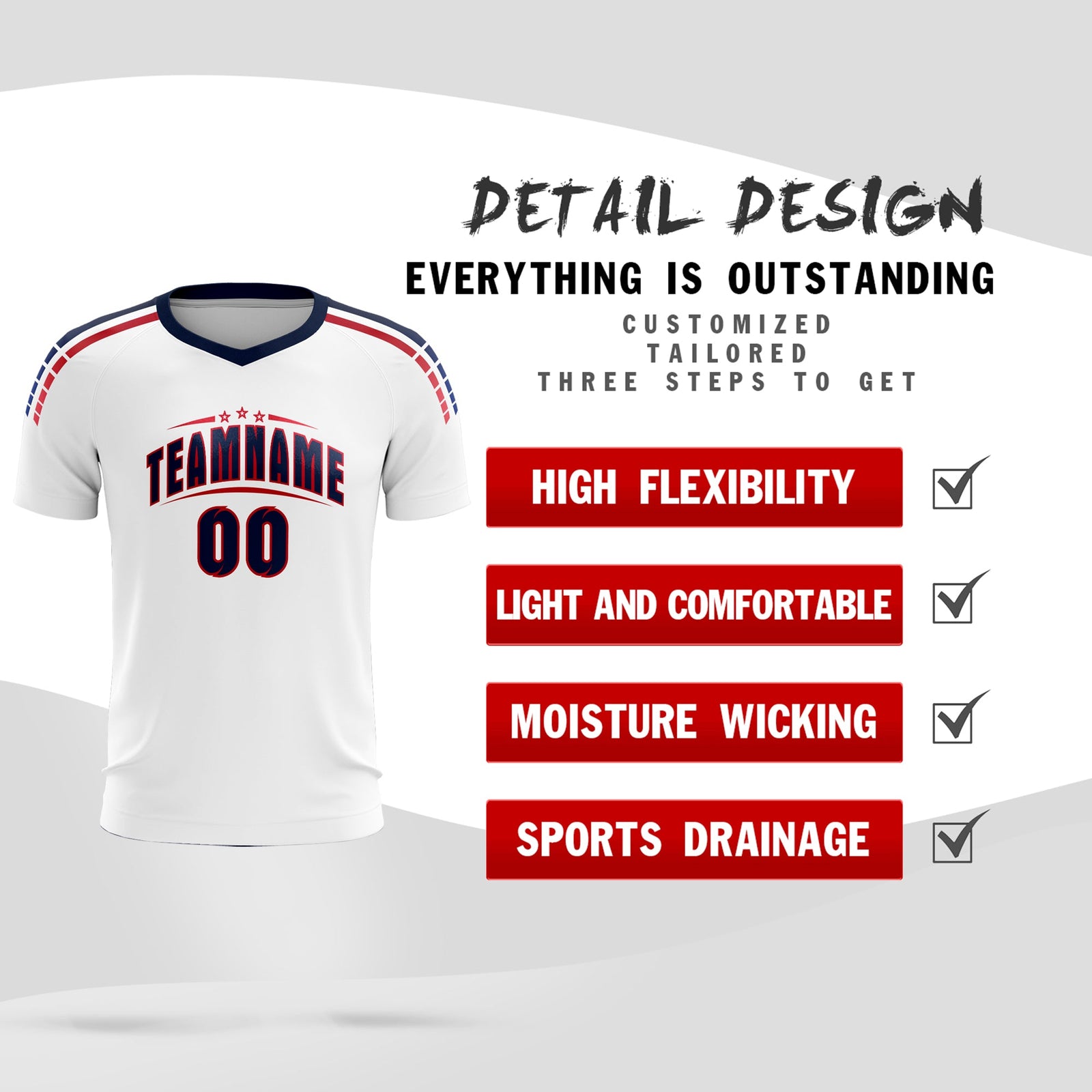 Custom white Striped Quick Dry Tops Soccer Sets Jersey