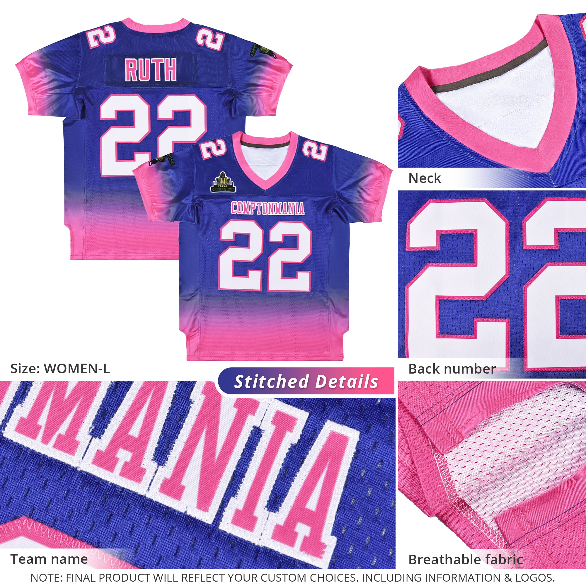 Custom Purple Pink-White Gradient Fashion Personalized Team Football Jersey