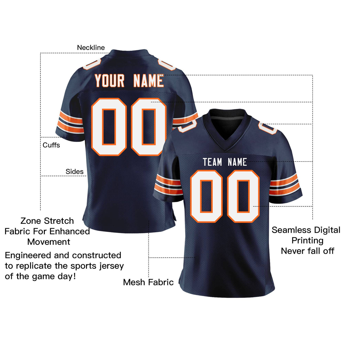 Custom Navy White-Orange Personalized Classic Mesh Authentic Football Jersey