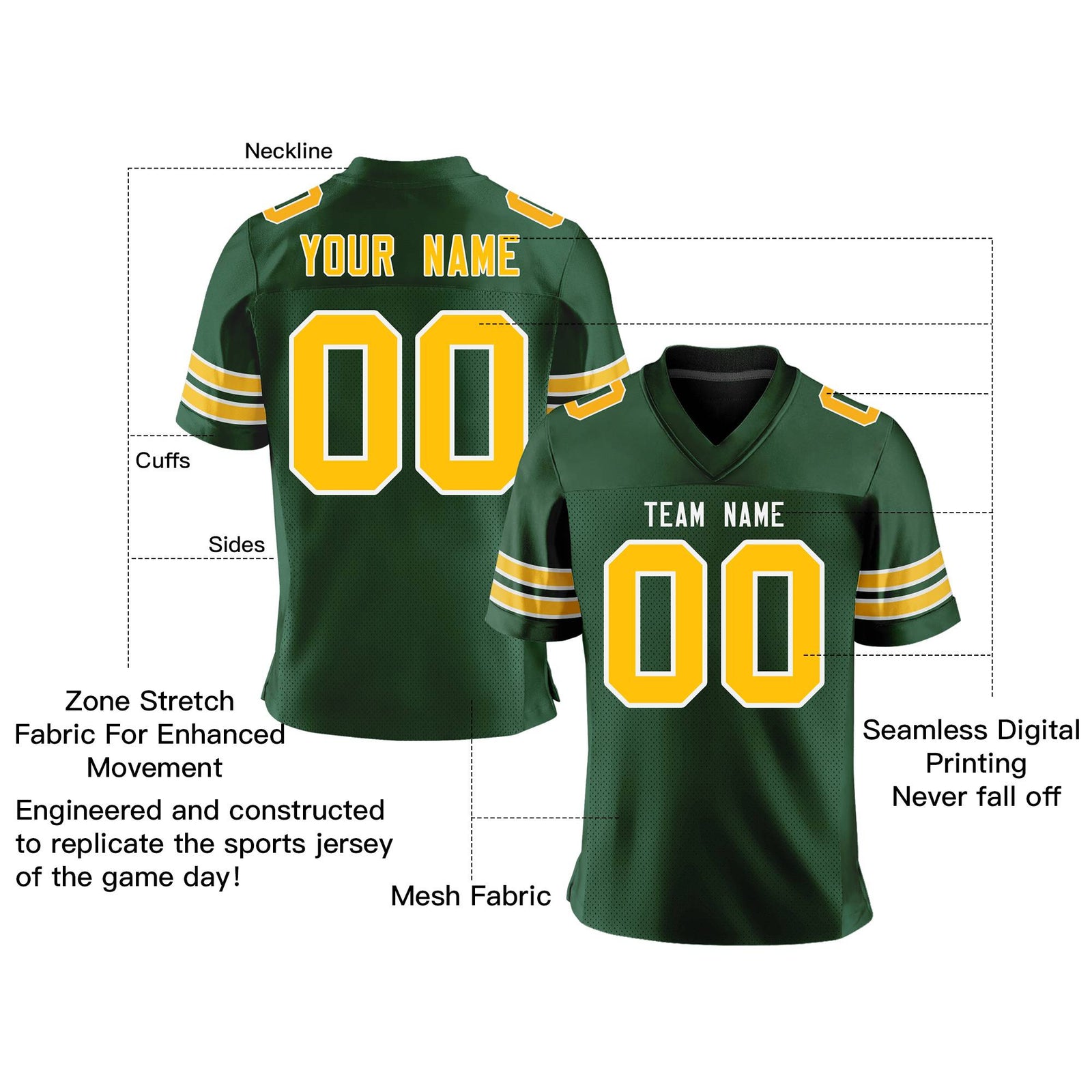 Custom Green Gold-White Personalized Classic Mesh Authentic Football Jersey