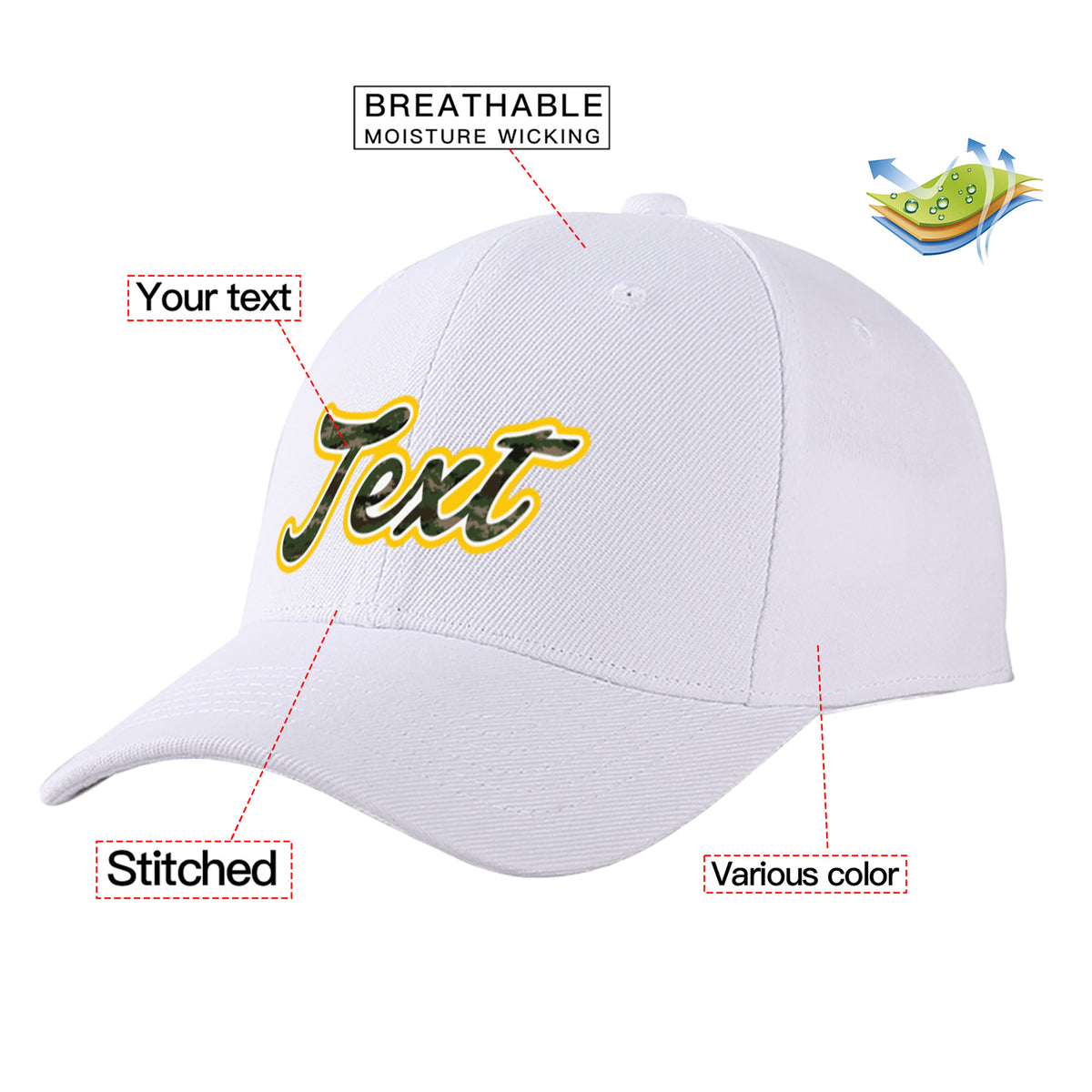 Custom White 3D Puff Embroidery Flat Embroidery Casual Sport Baseball Cap
