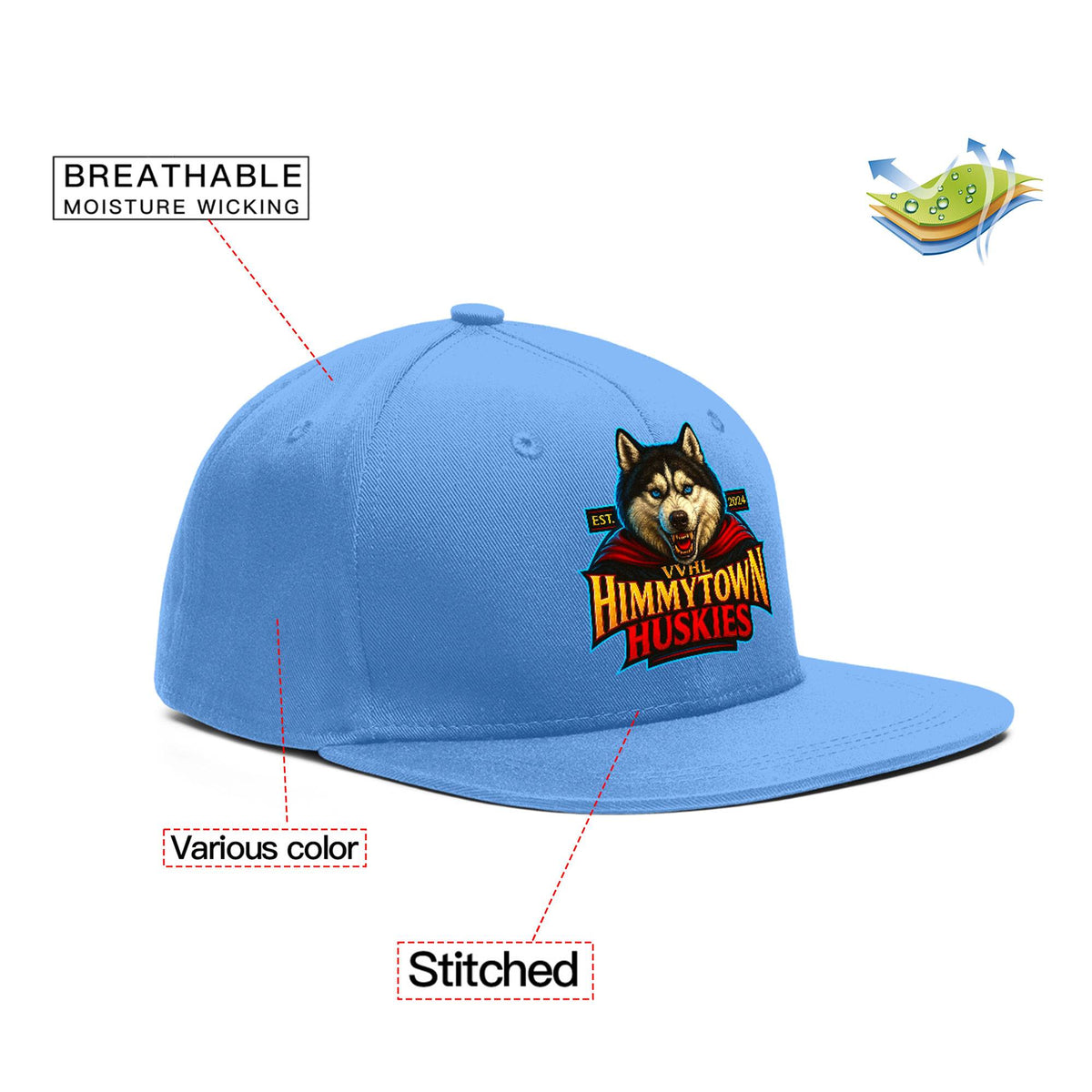 VVHL Light Blue S7-Himmytown-huskies 3D Puff Embroidery Flat Embroidery Baseball Cap