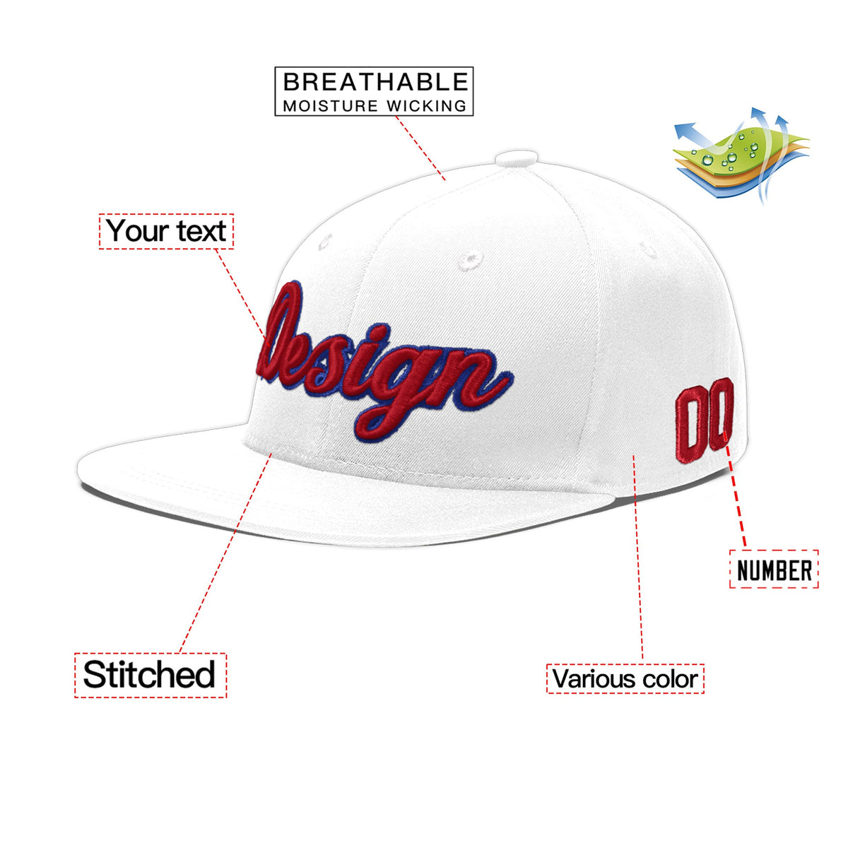 Custom White 3D Puff Embroidery Flat Embroidery Casual Sport Baseball Cap