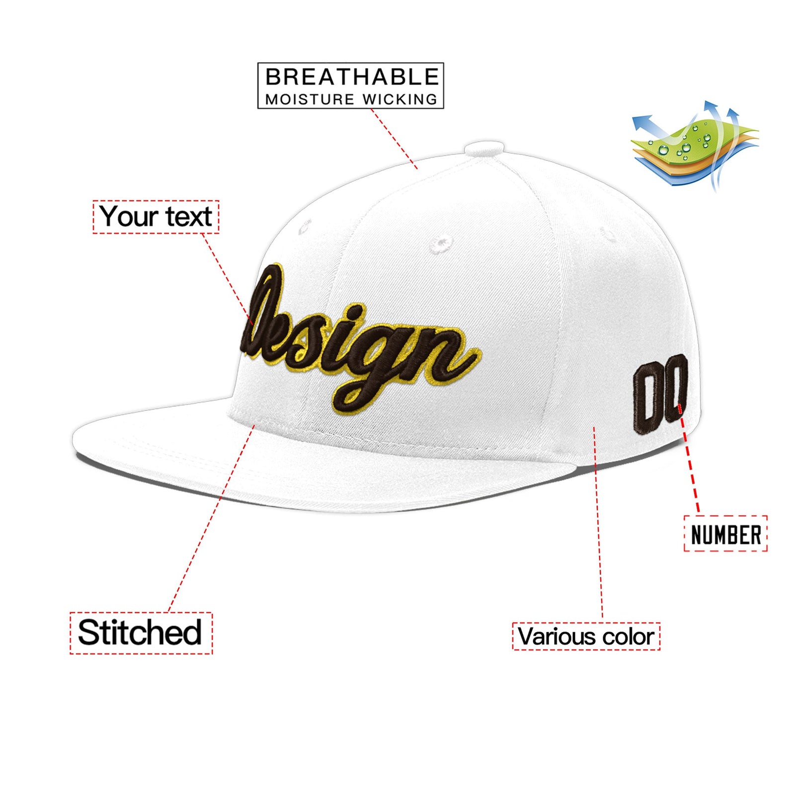 Custom White 3D Puff Embroidery Flat Embroidery Casual Sport Baseball Cap