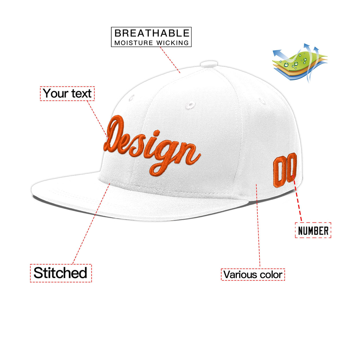 Custom White 3D Puff Embroidery Flat Embroidery Casual Sport Baseball Cap