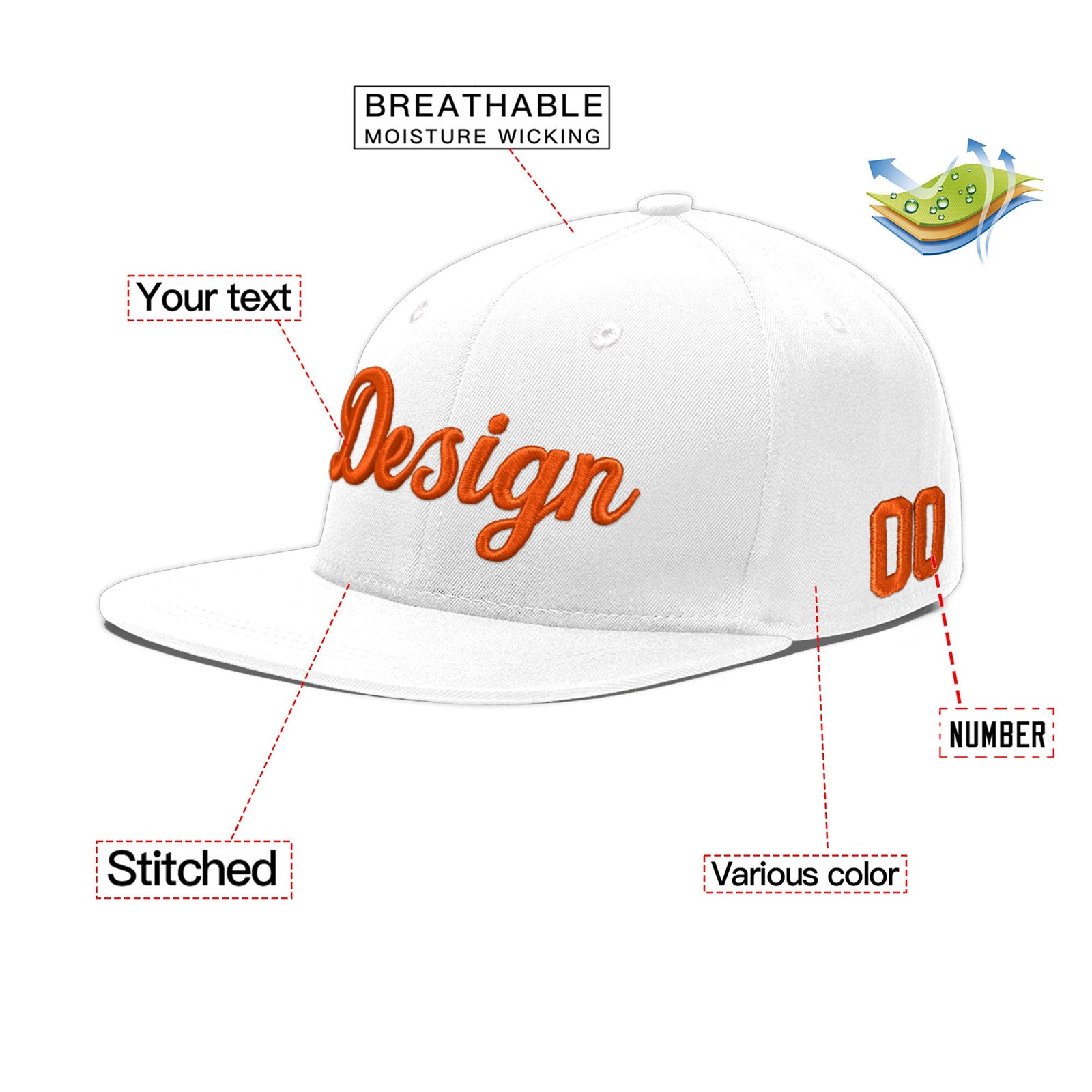 Custom White 3D Puff Embroidery Flat Embroidery Casual Sport Baseball Cap