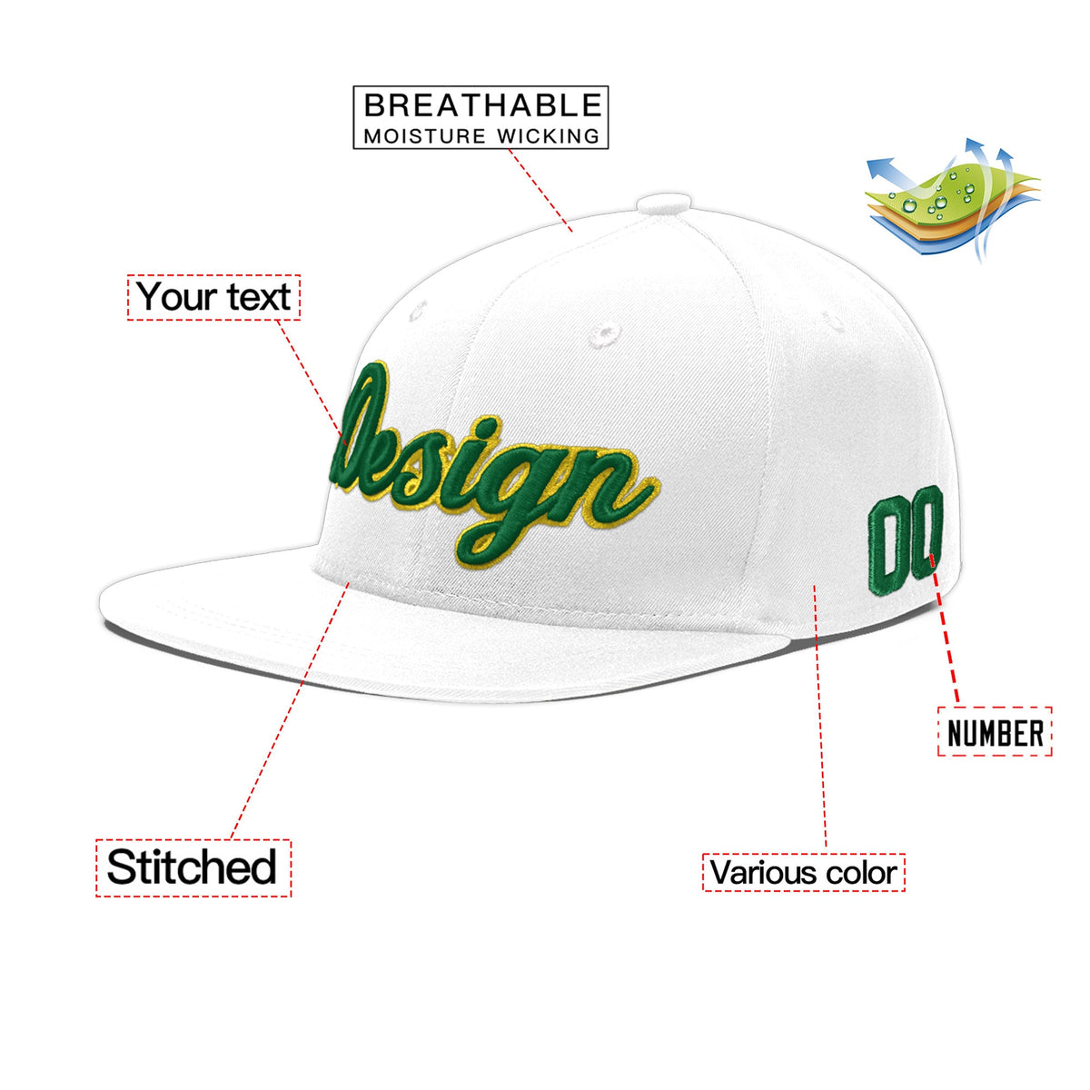 Custom White 3D Puff Embroidery Flat Embroidery Casual Sport Baseball Cap