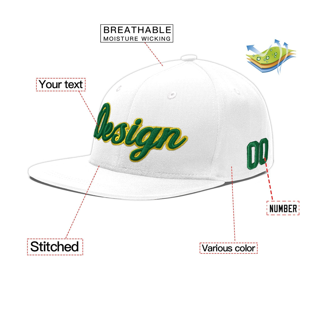Custom White 3D Puff Embroidery Flat Embroidery Casual Sport Baseball Cap