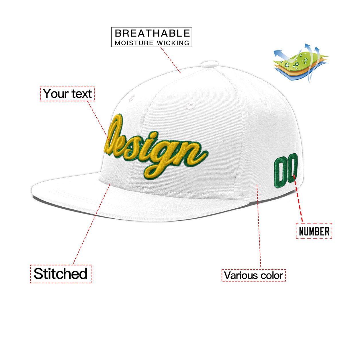 Custom White 3D Puff Embroidery Flat Embroidery Casual Sport Baseball Cap