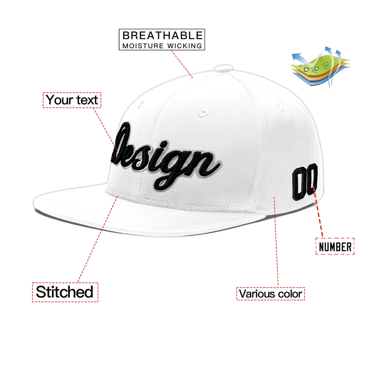 Custom White 3D Puff Embroidery Flat Embroidery Casual Sport Baseball Cap