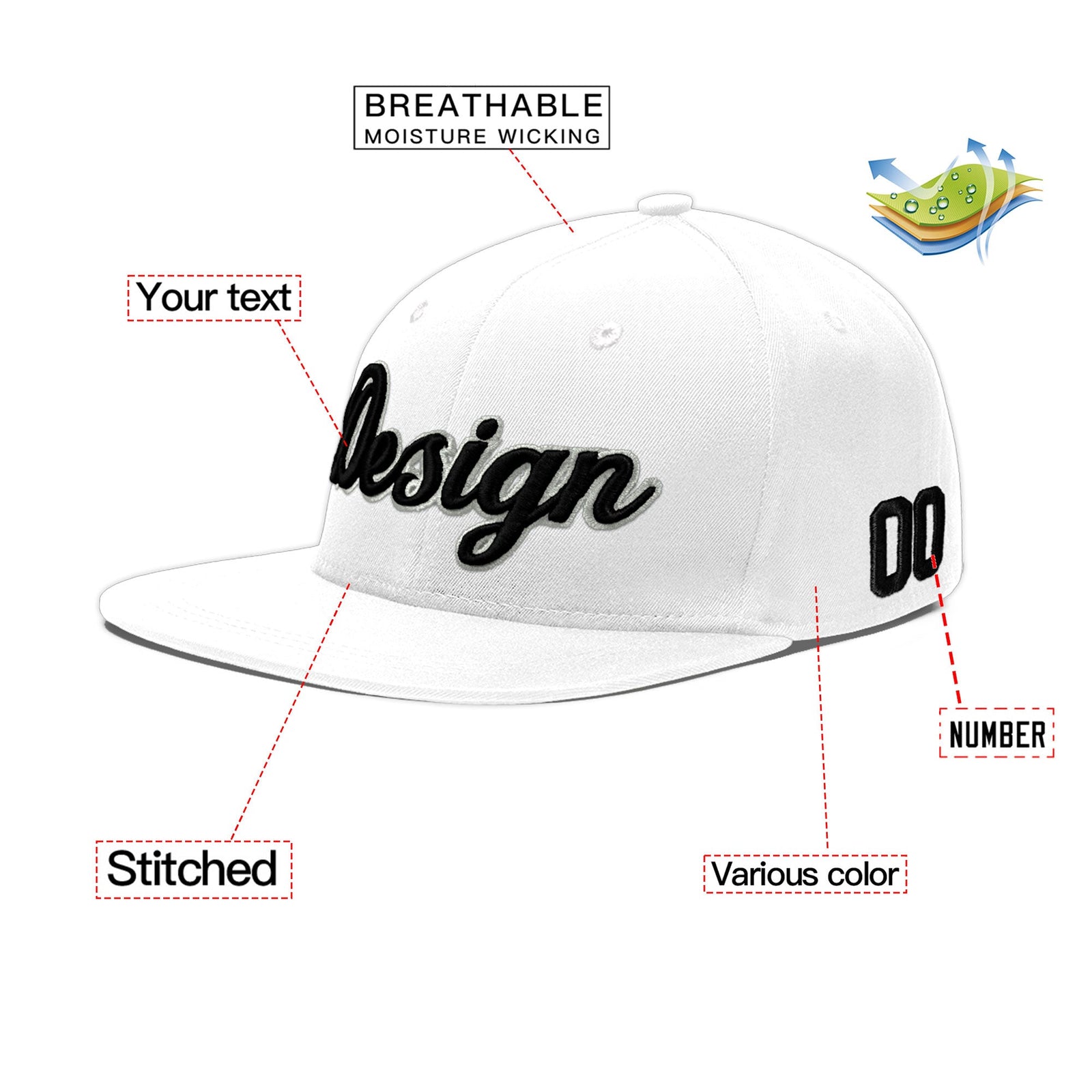 Custom White 3D Puff Embroidery Flat Embroidery Casual Sport Baseball Cap