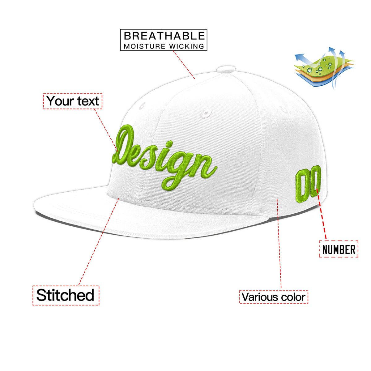 Custom White 3D Puff Embroidery Flat Embroidery Casual Sport Baseball Cap