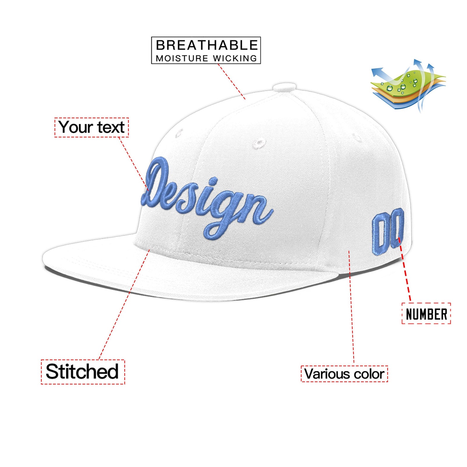 Custom White 3D Puff Embroidery Flat Embroidery Casual Sport Baseball Cap