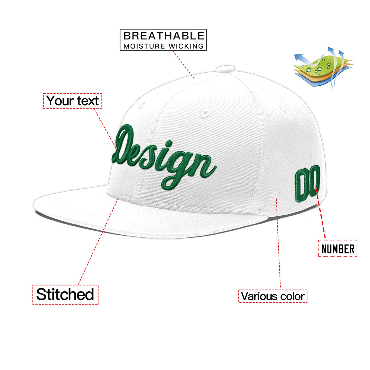 Custom White 3D Puff Embroidery Flat Embroidery Casual Sport Baseball Cap