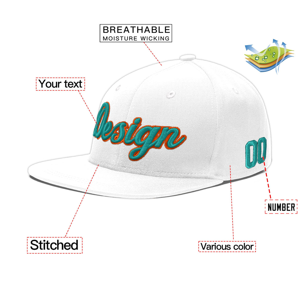 Custom White 3D Puff Embroidery Flat Embroidery Casual Sport Baseball Cap