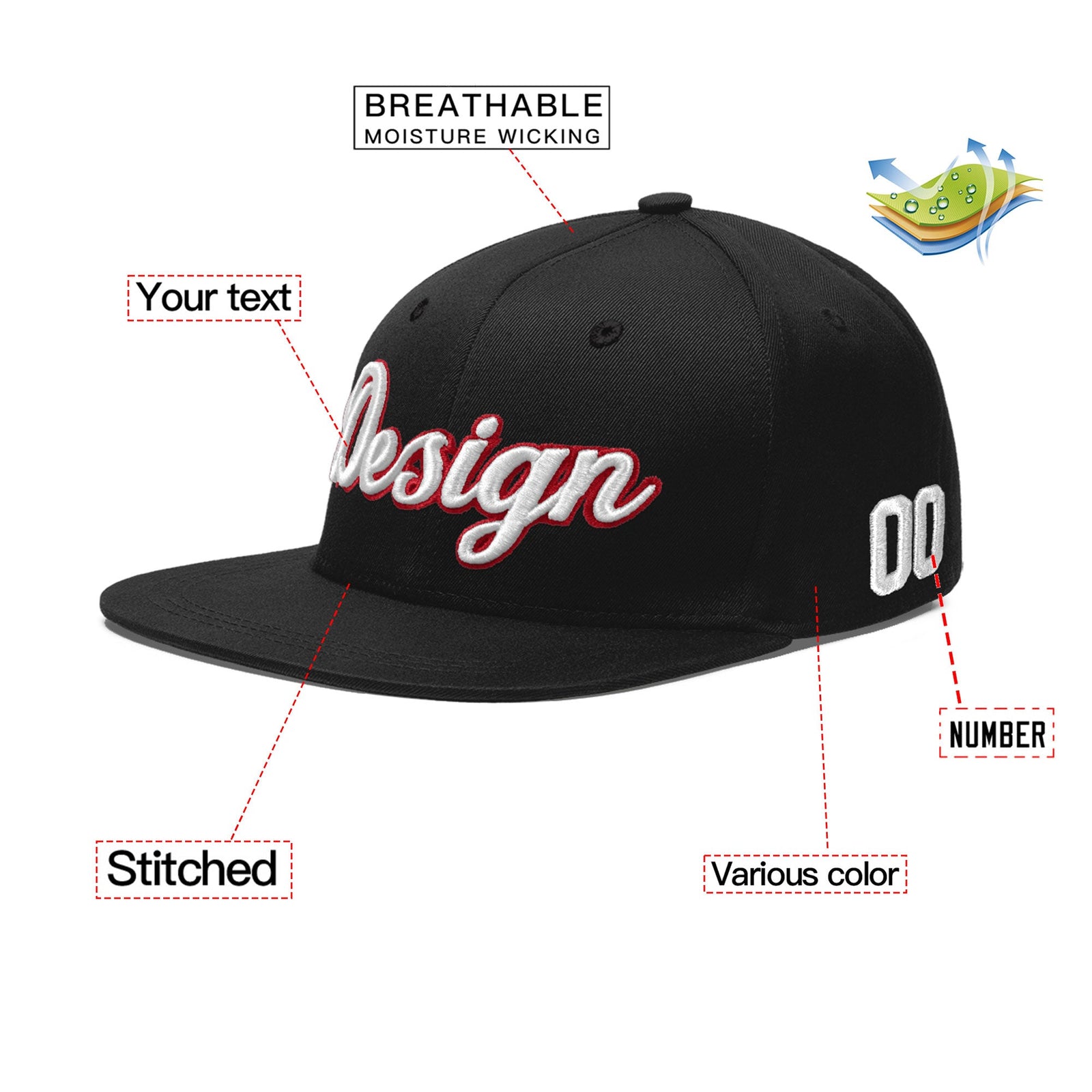 Custom Black 3D Puff Embroidery Flat Embroidery Casual Sport Baseball Cap
