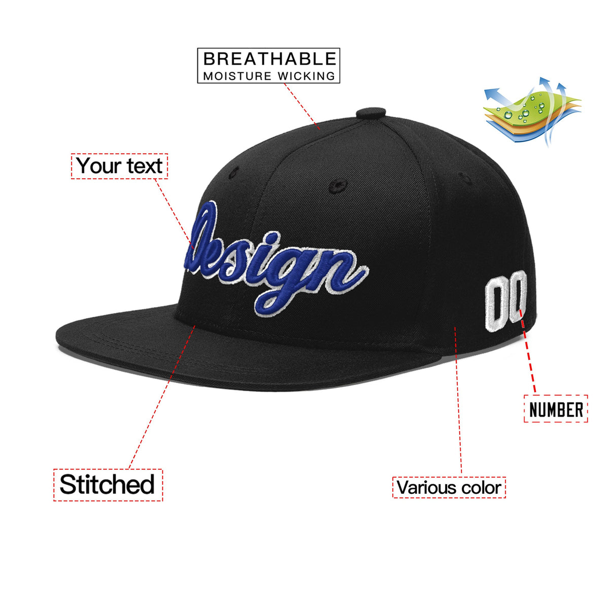 Custom Black 3D Puff Embroidery Flat Embroidery Casual Sport Baseball Cap