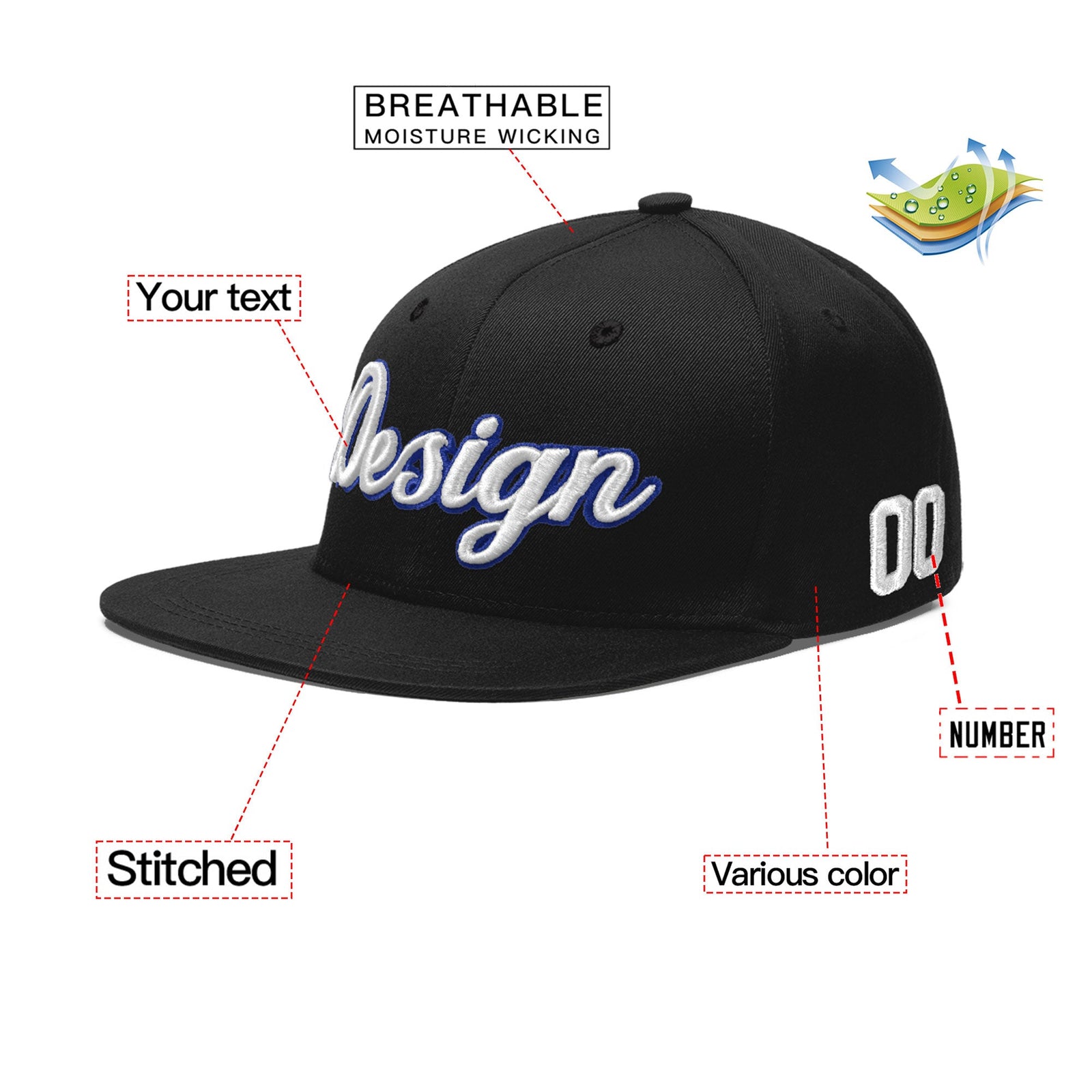 Custom Black 3D Puff Embroidery Flat Embroidery Casual Sport Baseball Cap