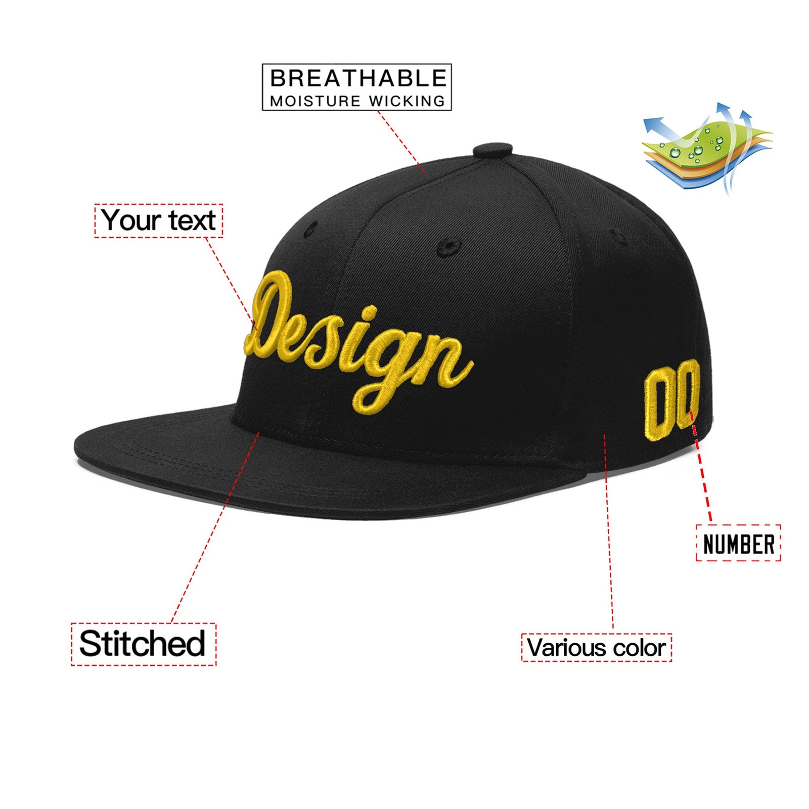 Custom Black 3D Puff Embroidery Flat Embroidery Casual Sport Baseball Cap