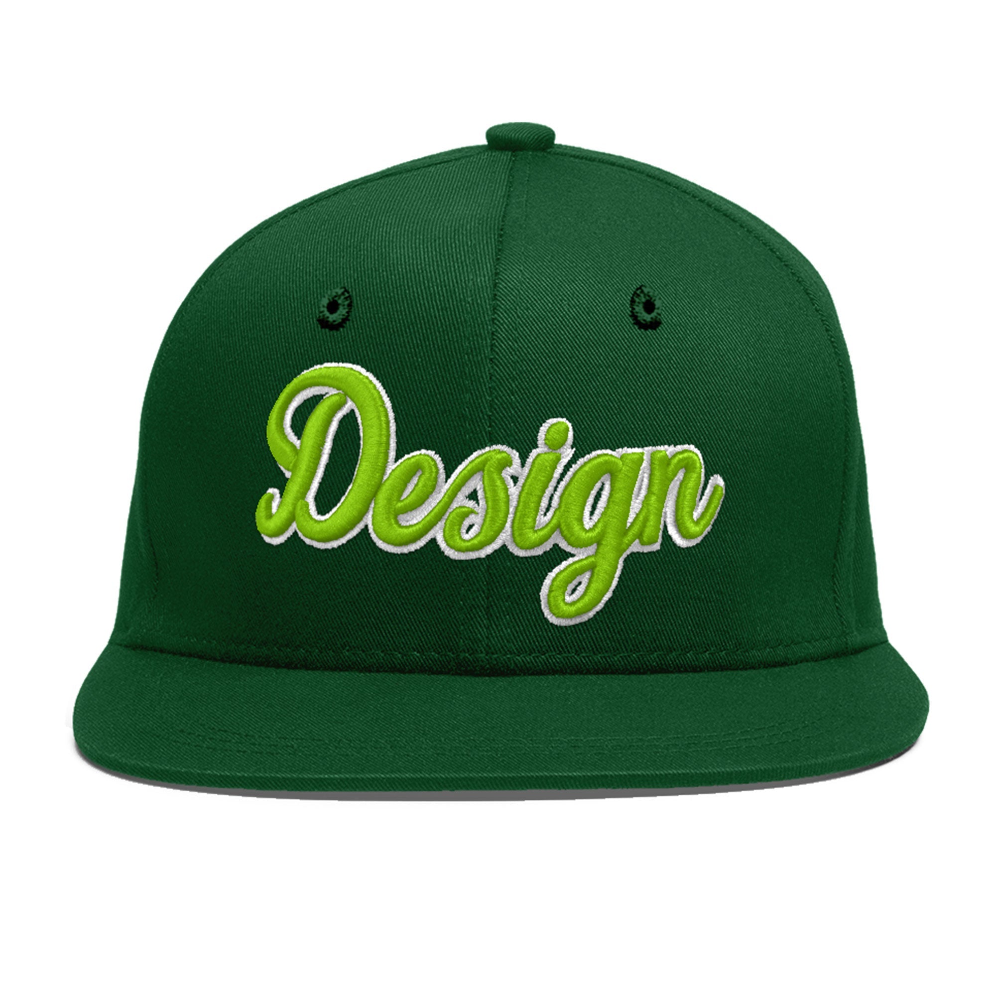 Custom Green Neon Green-White 3D Puff Embroidery Flat Embroidery Casual Sport Baseball Cap