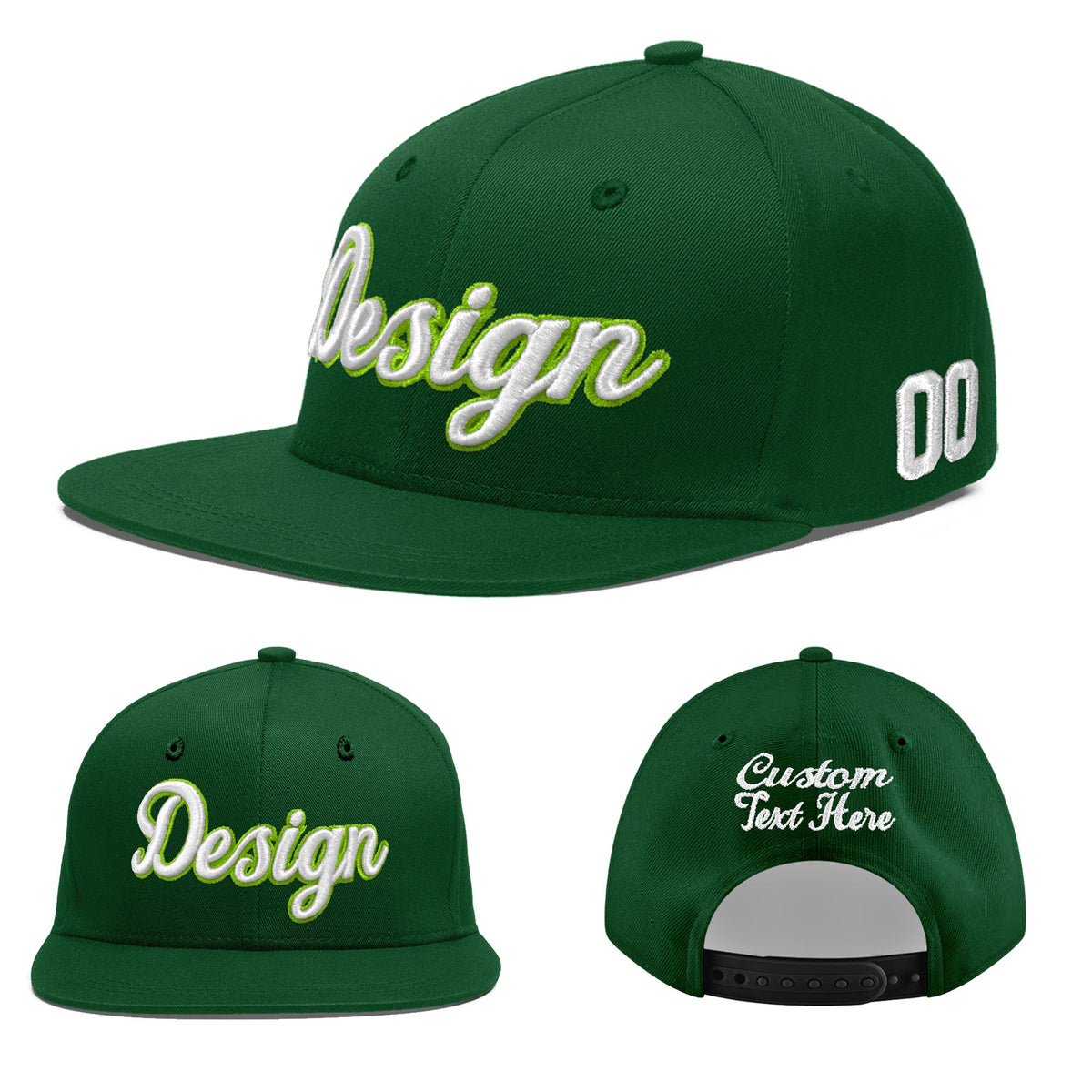 Custom Green 3D Puff Embroidery Flat Embroidery Casual Sport Baseball Cap