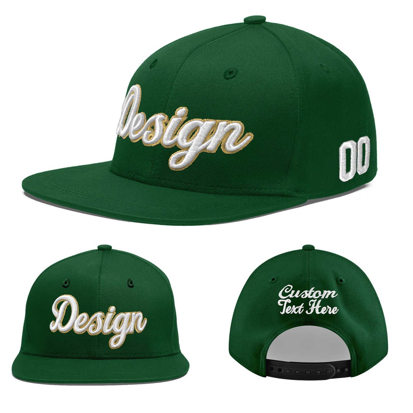 Custom Green 3D Puff Embroidery Flat Embroidery Casual Sport Baseball Cap