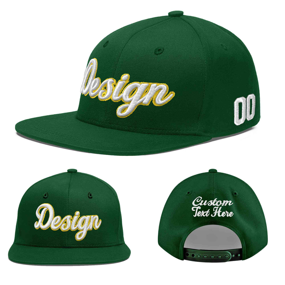 Custom Green 3D Puff Embroidery Flat Embroidery Casual Sport Baseball Cap