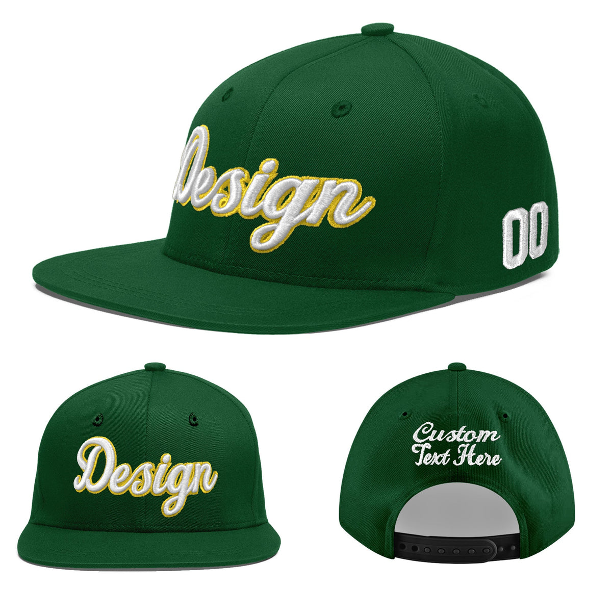 Custom Green 3D Puff Embroidery Flat Embroidery Casual Sport Baseball Cap