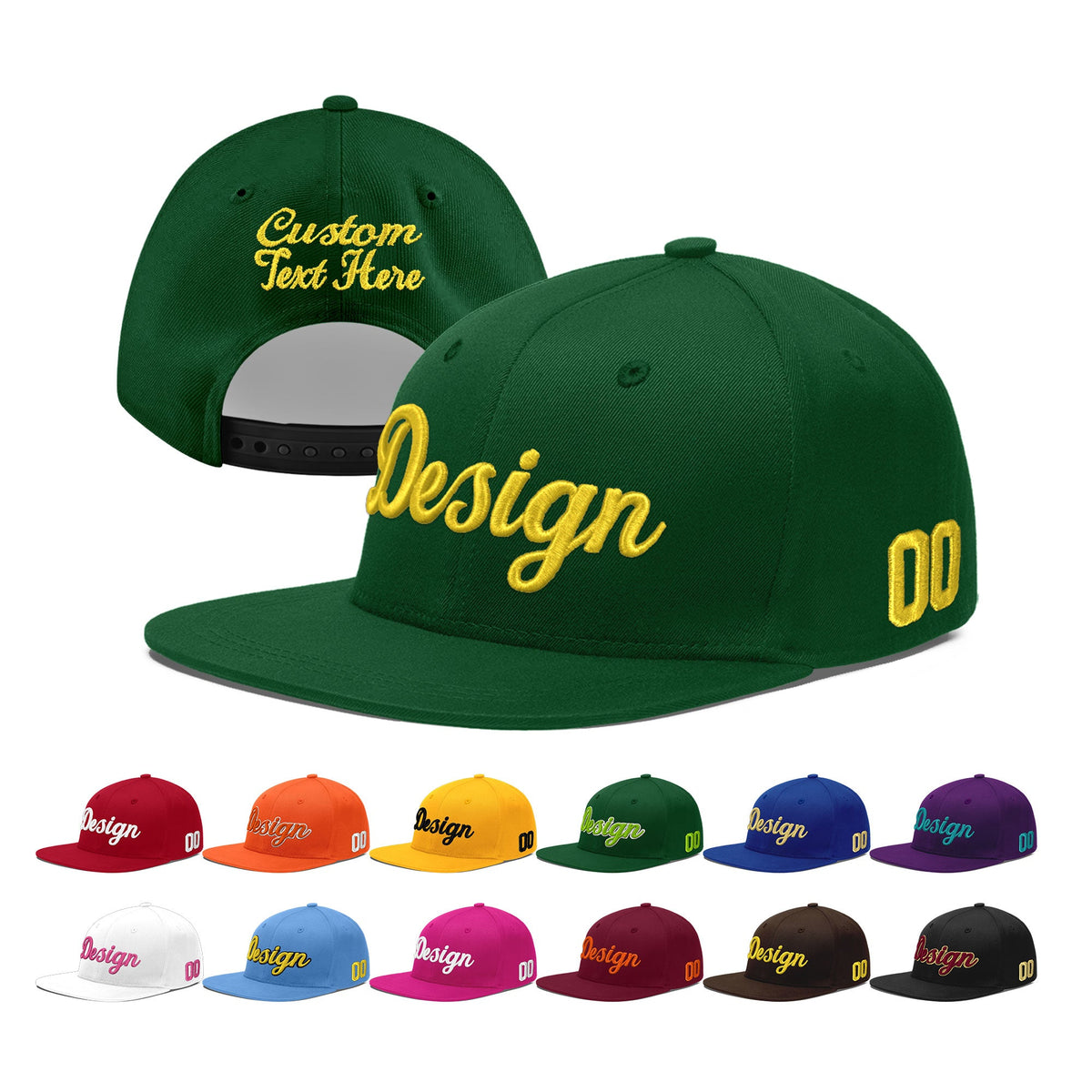 Custom Green 3D Puff Embroidery Flat Embroidery Casual Sport Baseball Cap