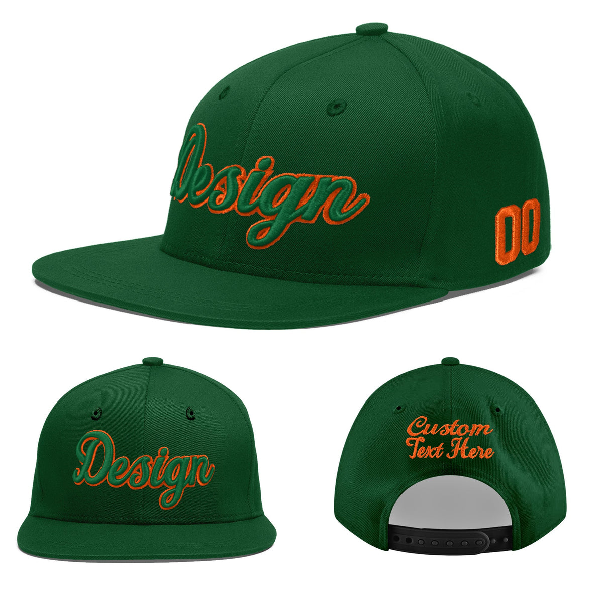 Custom Green 3D Puff Embroidery Flat Embroidery Casual Sport Baseball Cap