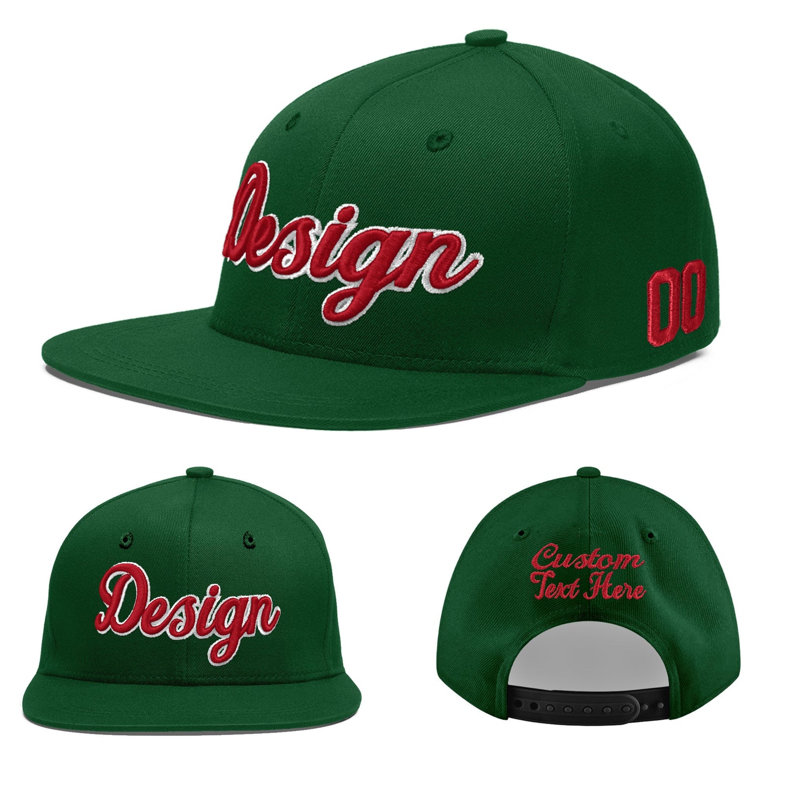 Custom Green 3D Puff Embroidery Flat Embroidery Casual Sport Baseball Cap