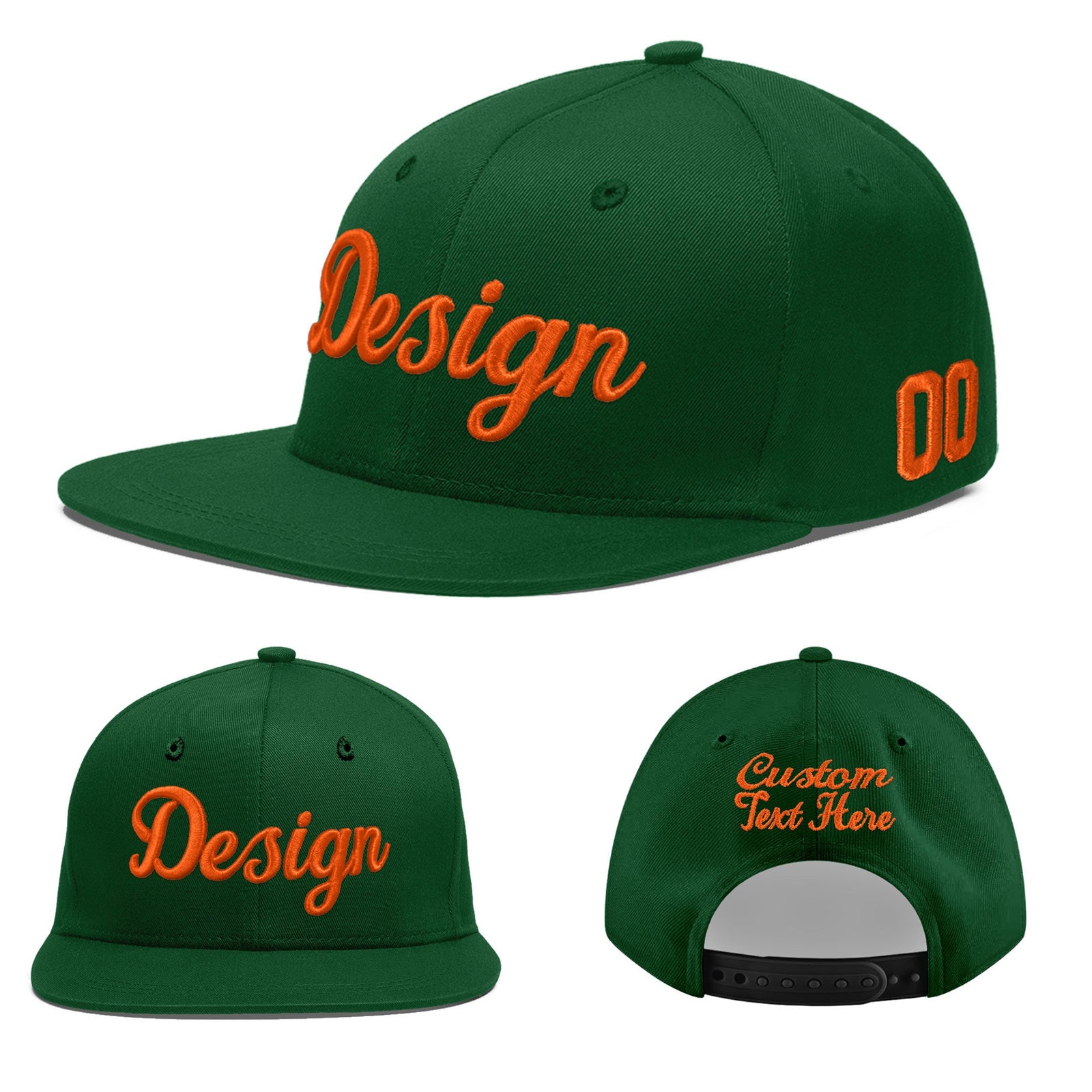 Custom Green 3D Puff Embroidery Flat Embroidery Casual Sport Baseball Cap