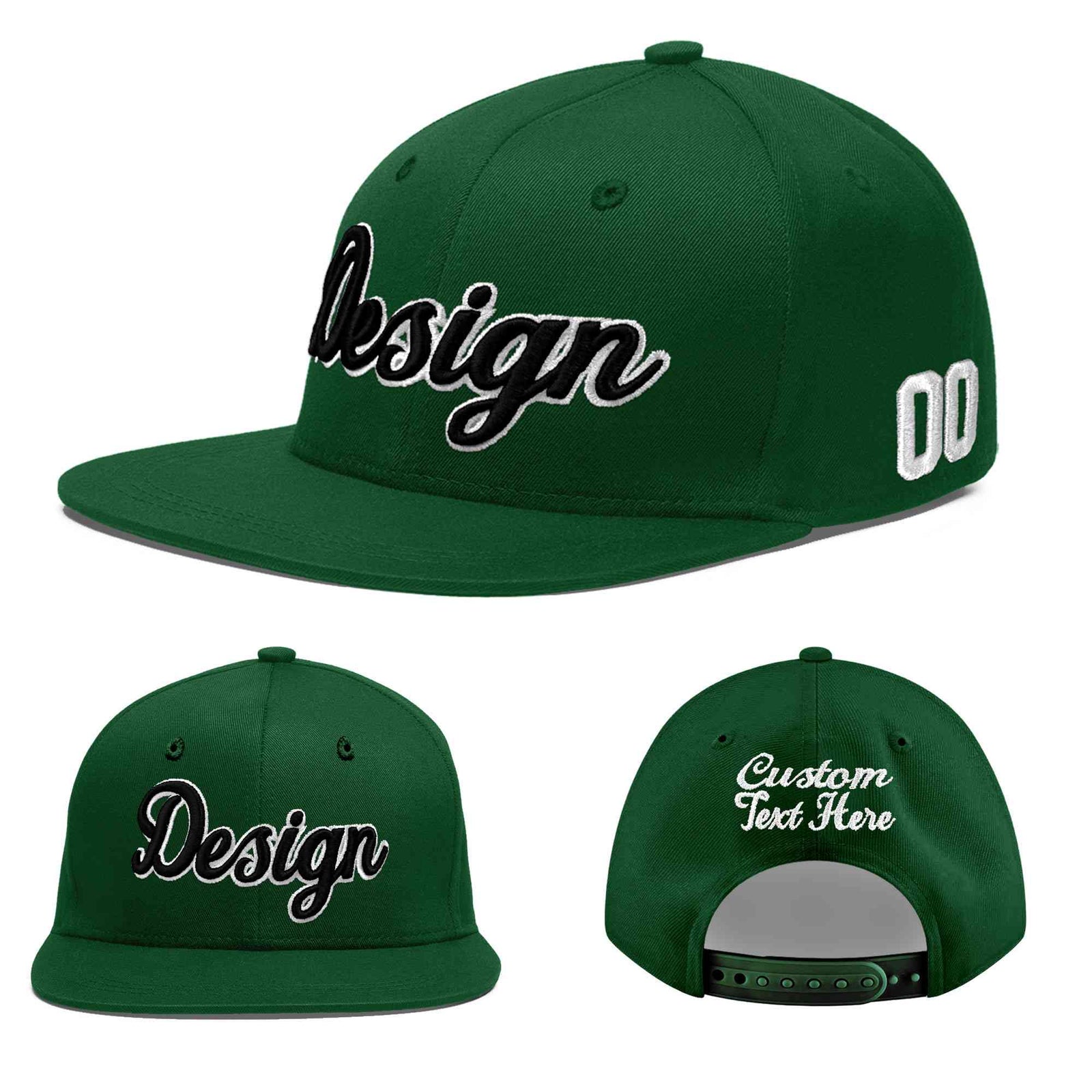 Custom Green 3D Puff Embroidery Flat Embroidery Casual Sport Baseball Cap