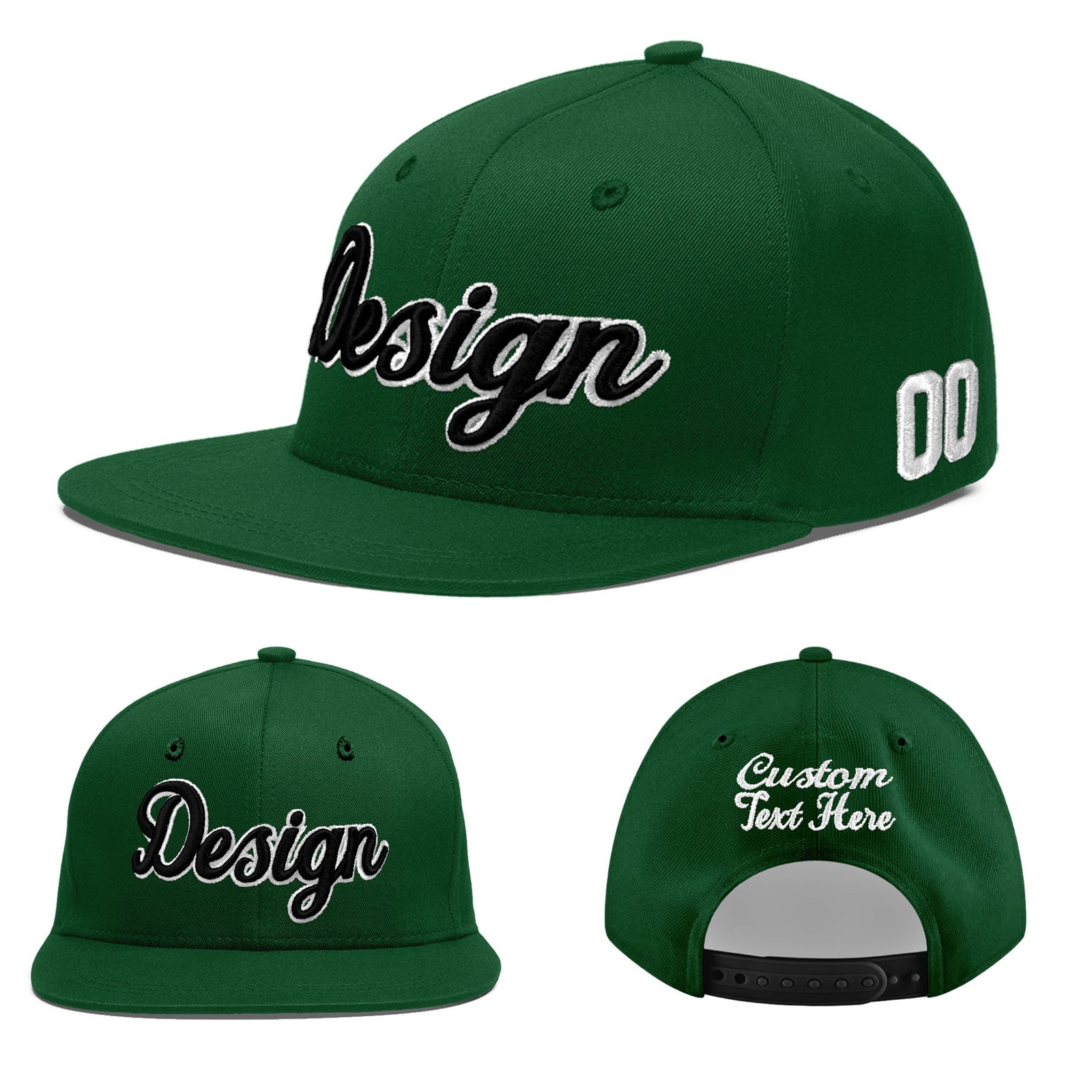 Custom Green 3D Puff Embroidery Flat Embroidery Casual Sport Baseball Cap