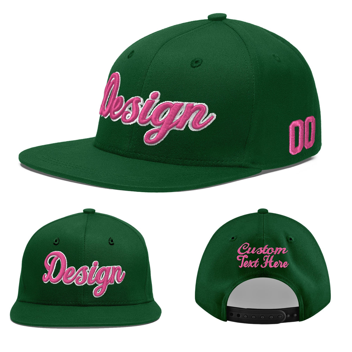Custom Green 3D Puff Embroidery Flat Embroidery Casual Sport Baseball Cap