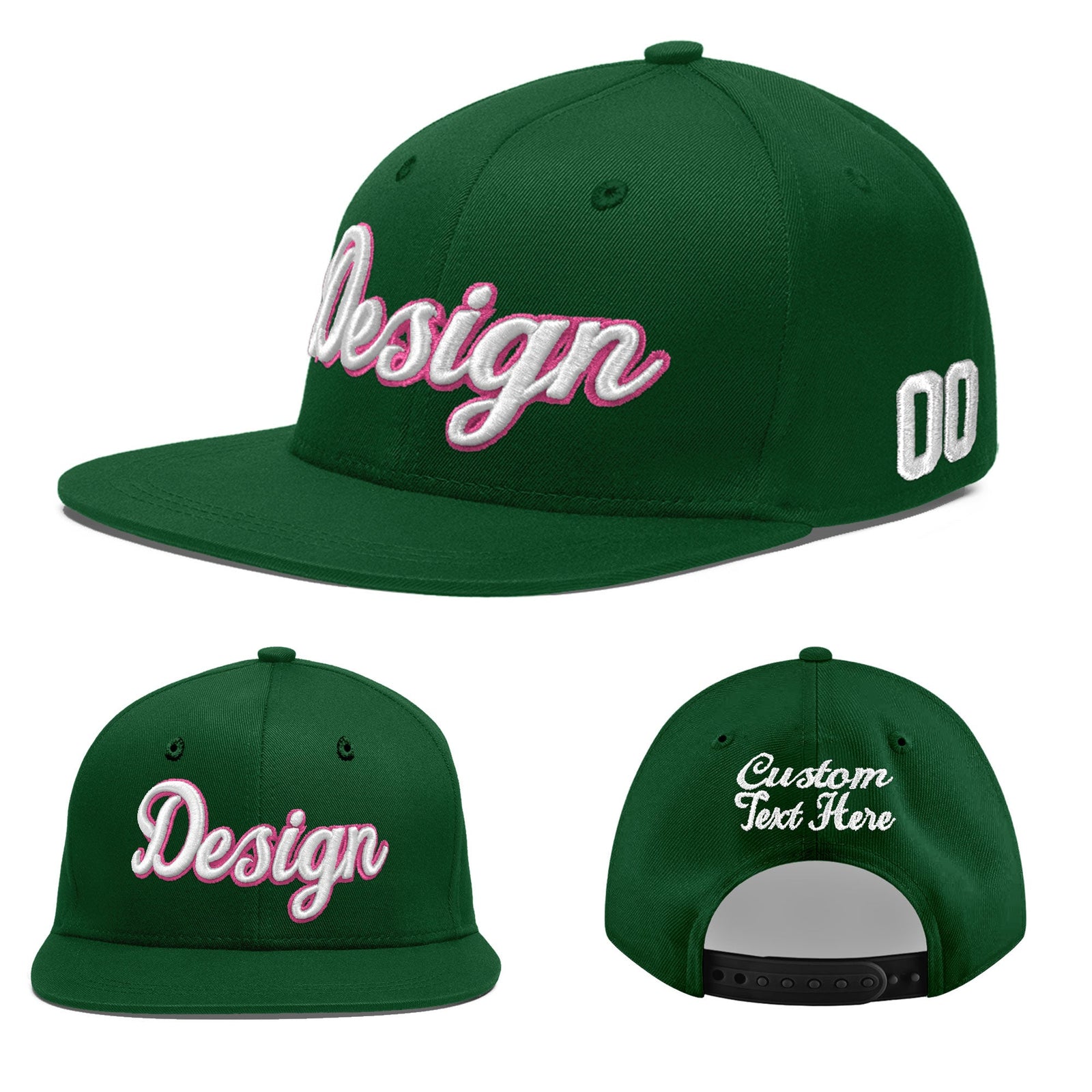 Custom Green 3D Puff Embroidery Flat Embroidery Casual Sport Baseball Cap